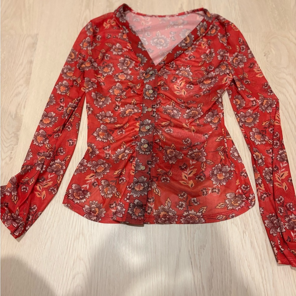 SHEIN Floral Red Sheer Long Sleeve Top